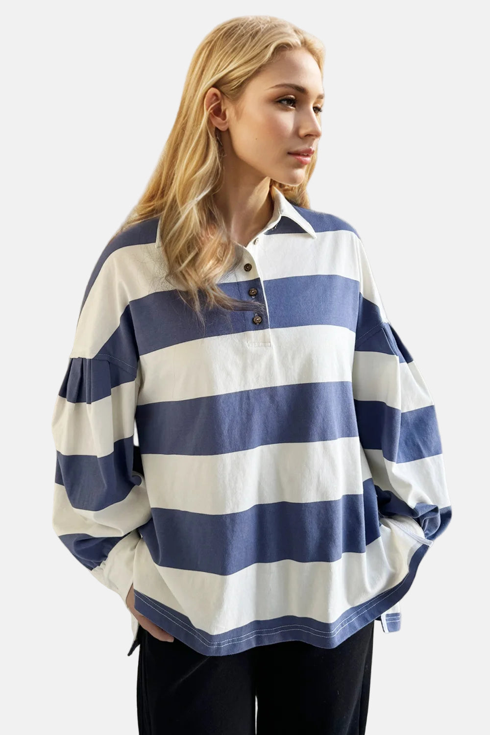 Oh Pima Cotton Wash Wide Striped Collared Neck Long Sleeve Top