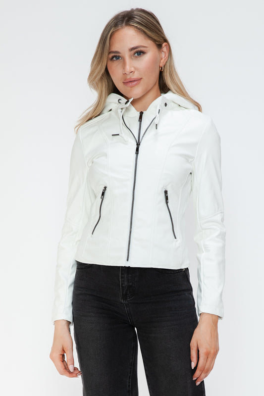 White Leather Zip-Up Drawstring Hooded Jacket