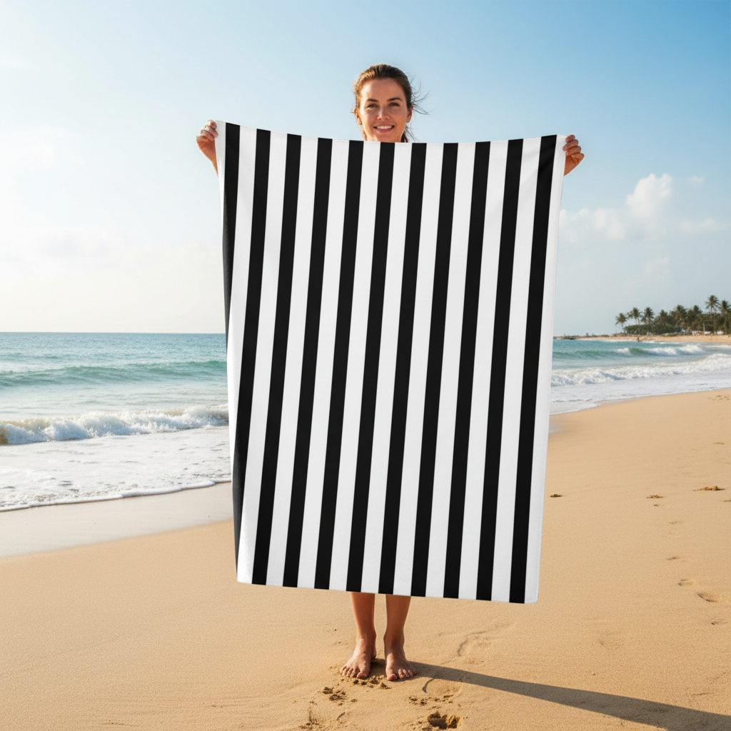 Beach Towel in White & Black Stripes
