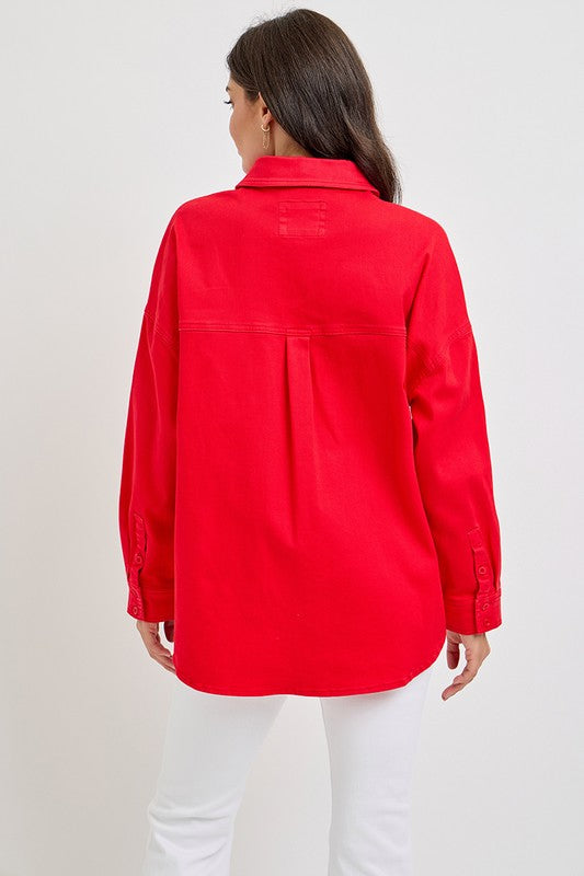 Button Down Long Sleeve Denim Shacket with Pockets