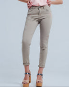 Beige Jeans with Floral Embroidery