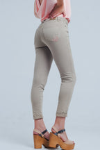 Beige Jeans with Floral Embroidery