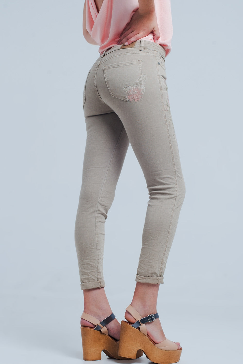 Beige Jeans with Floral Embroidery