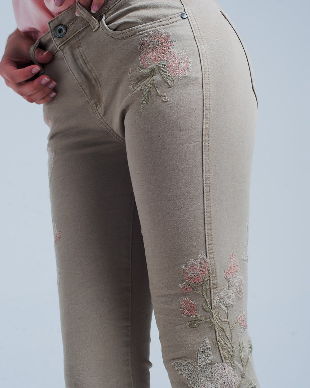 Beige Jeans with Floral Embroidery