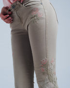 Beige Jeans with Floral Embroidery