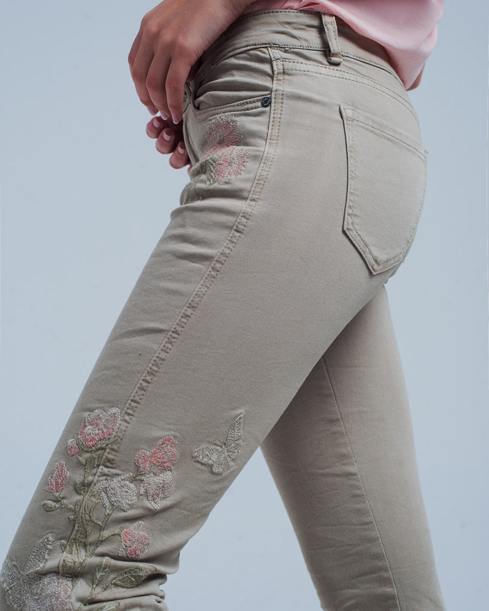 Beige Jeans with Floral Embroidery