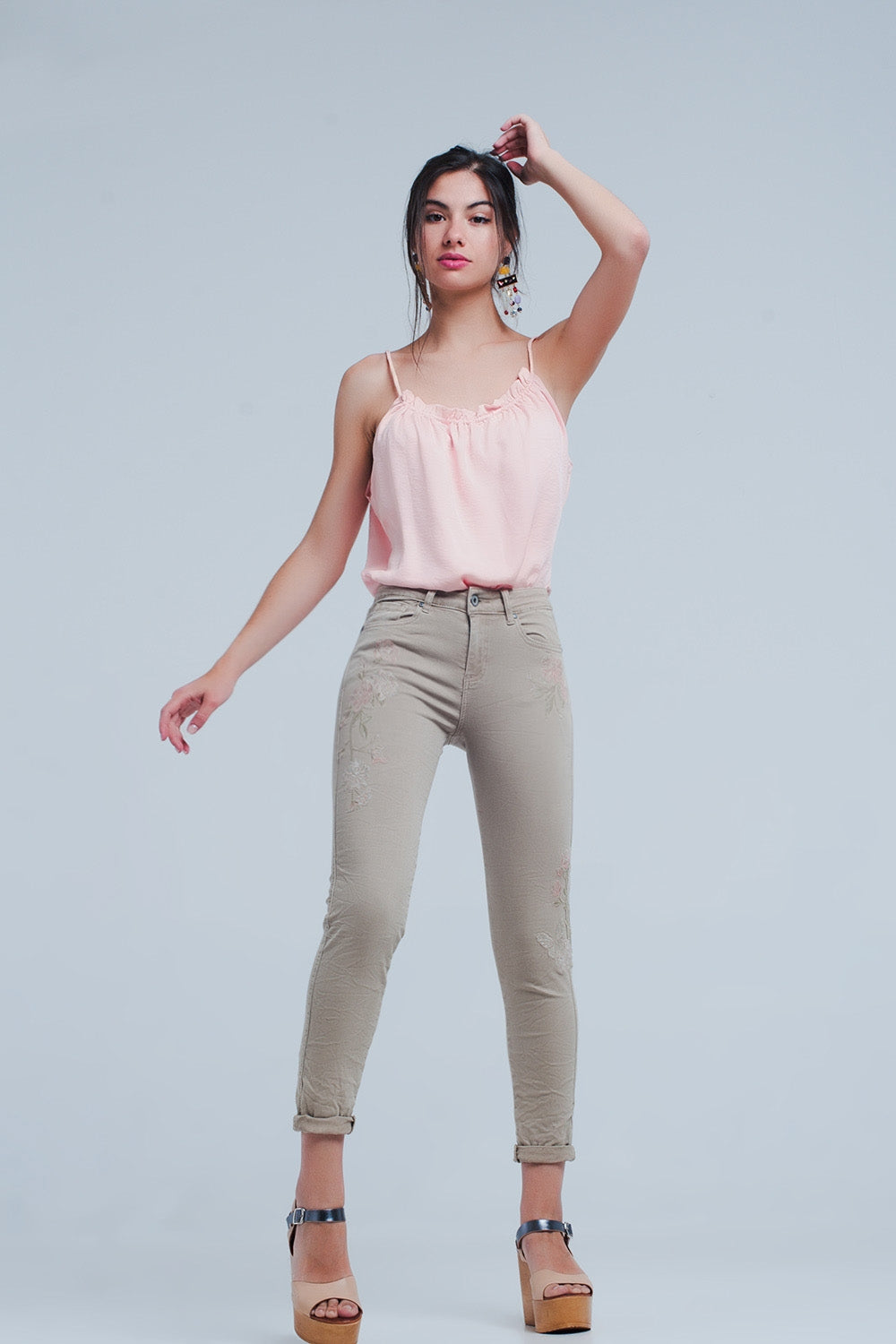 Beige Jeans with Floral Embroidery