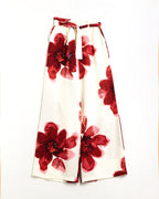 Beige Palazzo Pants With Red Tropical Flower Print and Matching Belt