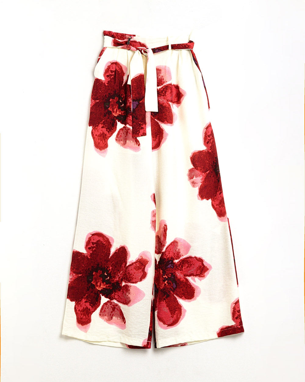 Beige Palazzo Pants With Red Tropical Flower Print and Matching Belt