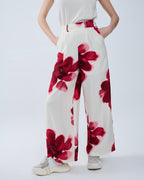 Beige Palazzo Pants With Red Tropical Flower Print and Matching Belt