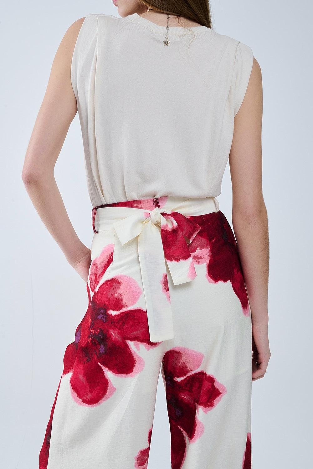 Beige Palazzo Pants With Red Tropical Flower Print and Matching Belt