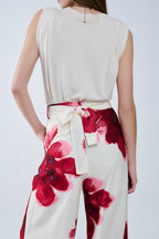 Beige Palazzo Pants With Red Tropical Flower Print and Matching Belt
