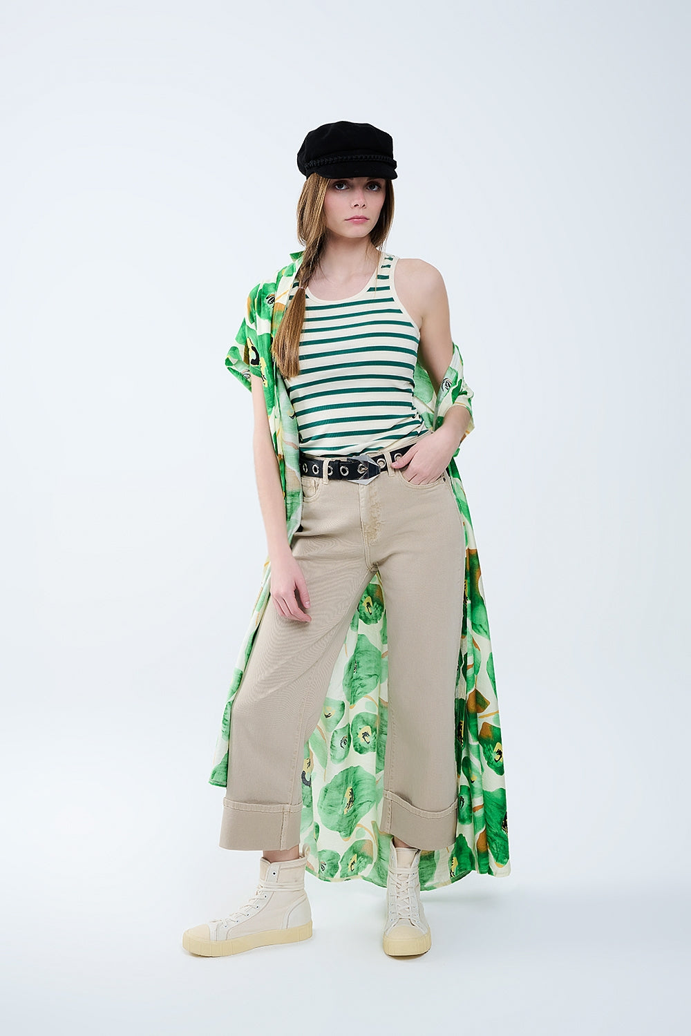 Beige Straight Leg Pants with Cropped Hem