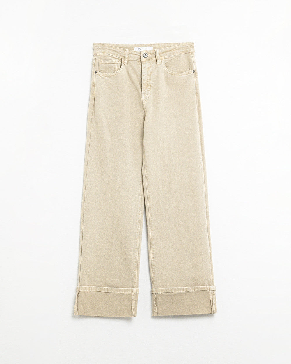 Beige Straight Leg Pants with Cropped Hem