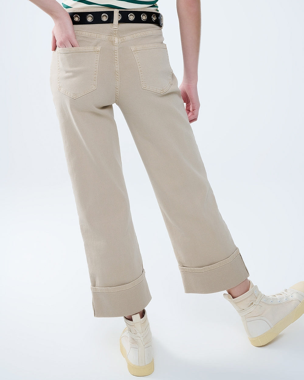 Beige Straight Leg Pants with Cropped Hem