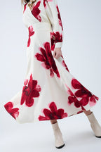 Beige Wrap Midi Dress with Red Tropical Floral Print and Long Sleeves