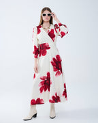 Beige Wrap Midi Dress with Red Tropical Floral Print and Long Sleeves