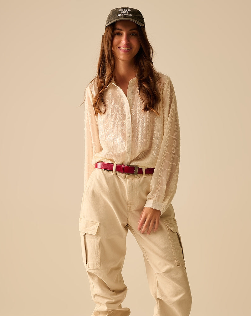 Beige Chiffon Shirt with Sequin Detail