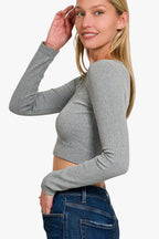 Ribbed Crop Top with V-Neck and Long Sleeve