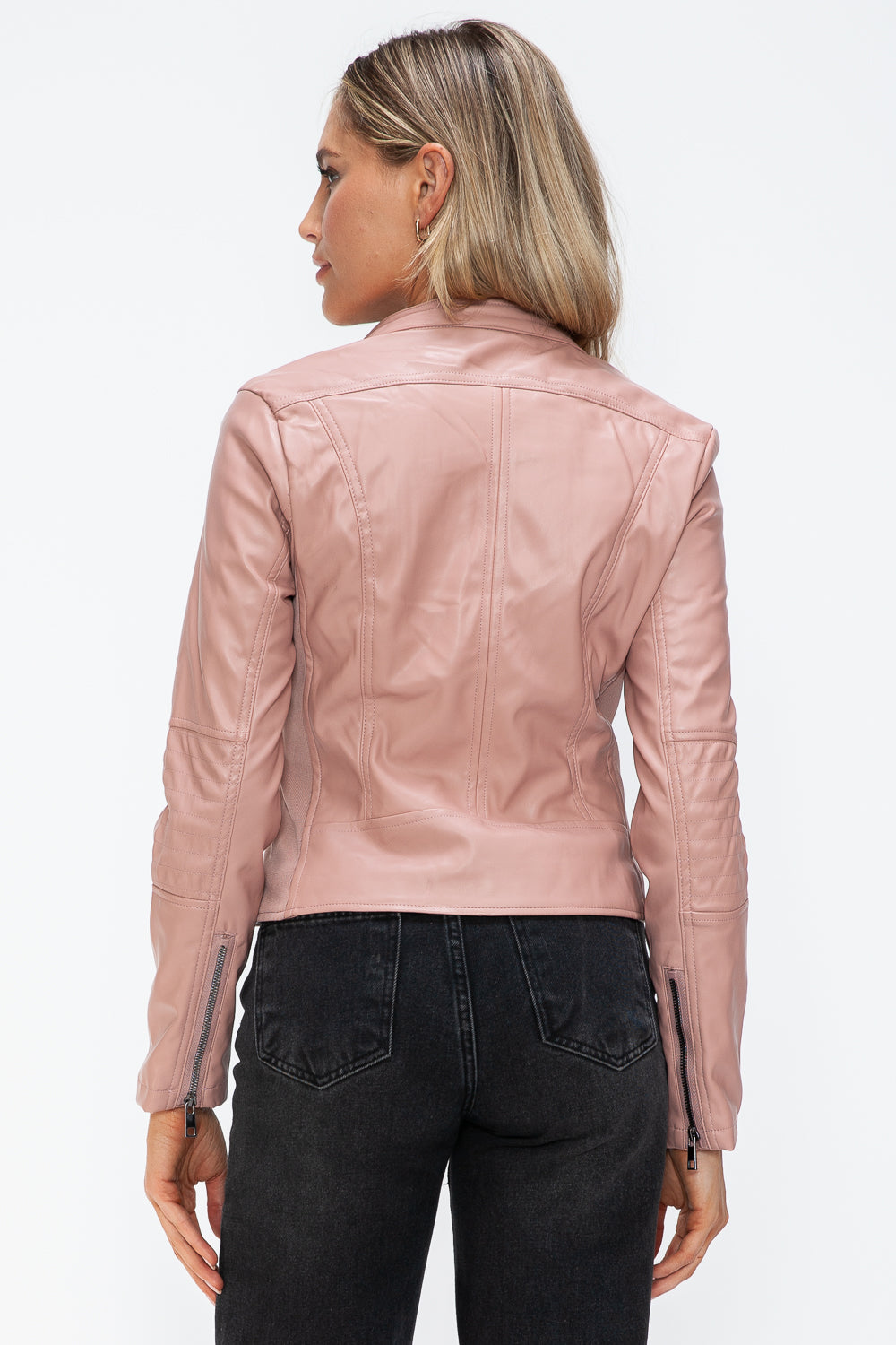 Mauve Leather Zip-Up Drawstring Hooded Jacket