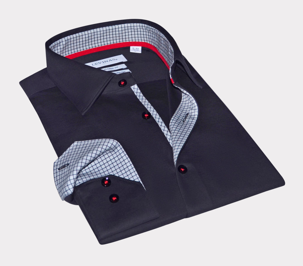 Donny Cotton Knit-Stretch Button-Up Shirt with Contrast Details Black | Tailored Fit (Fitted)