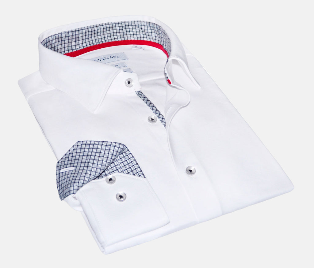 Jason Cotton Knit-Stretch Button-Up Shirt with Contrast Details White | Tailored Fit (Fitted)
