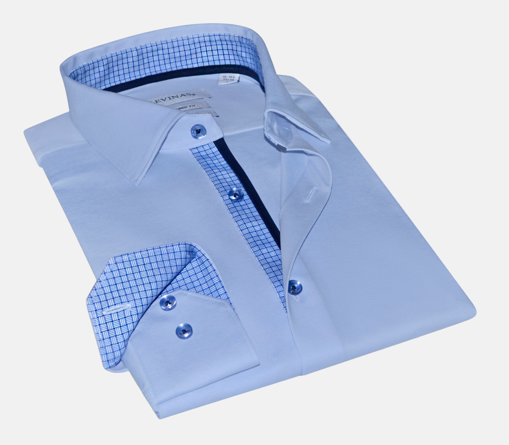 Levy Cotton Knit-Stretch Button-Up Shirt with Contrast Details Blue | Tailored Fit (Fitted)