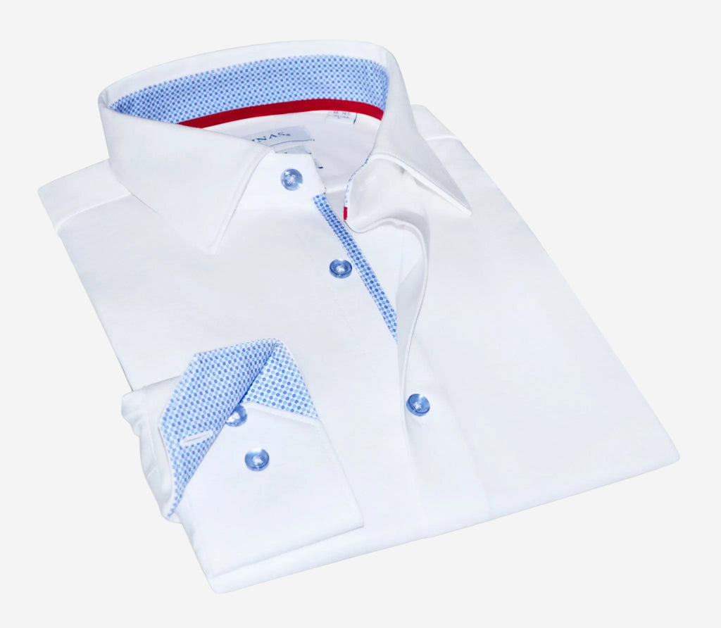 Scott Cotton Knit-Stretch Button-Up Shirt with Contrast Details in White | Tailored Fit (Fitted)