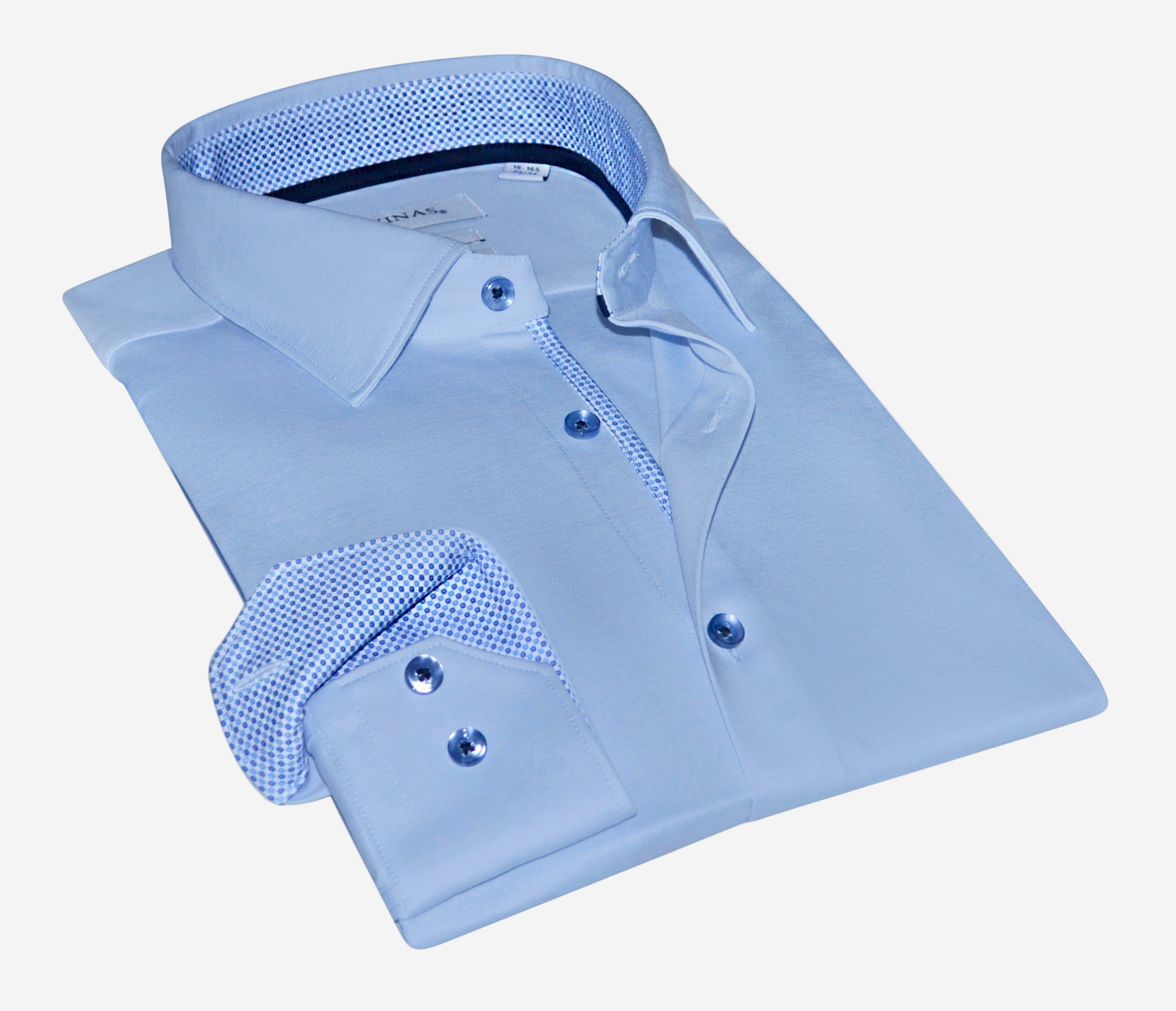 Joshua Cotton Knit-Stretch Button-Up Shirt with Contrast Details Blue | Tailored Fit (Fitted)