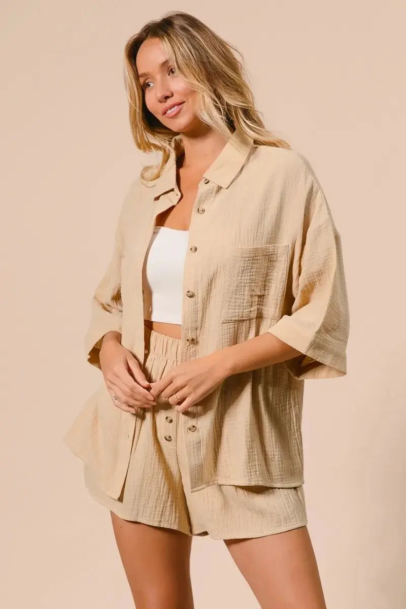 Lightweight Crinkle Gauze Two-Piece Set | Oatmeal