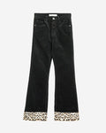 Black Corduroy Flare Pants with Leopard Print at The Bottom