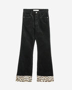 Black Corduroy Flare Pants with Leopard Print at The Bottom