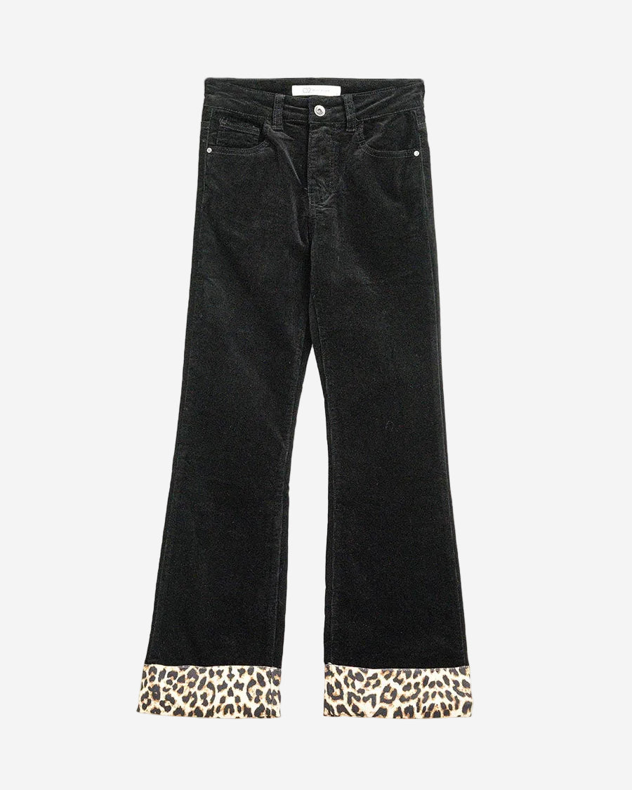 Black Corduroy Flare Pants with Leopard Print at The Bottom