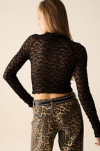Black Cropped Lace T-Shirt with Long Sleeves