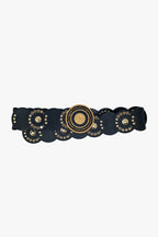 Black Leather Belt with Black Rhinestone Round Buckle and Golden Details