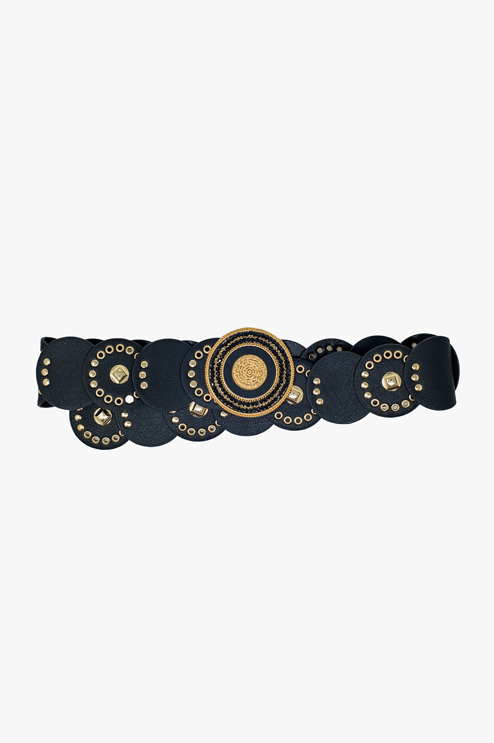Black Leather Belt with Black Rhinestone Round Buckle and Golden Details