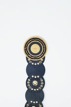 Black Leather Belt with Black Rhinestone Round Buckle and Golden Details