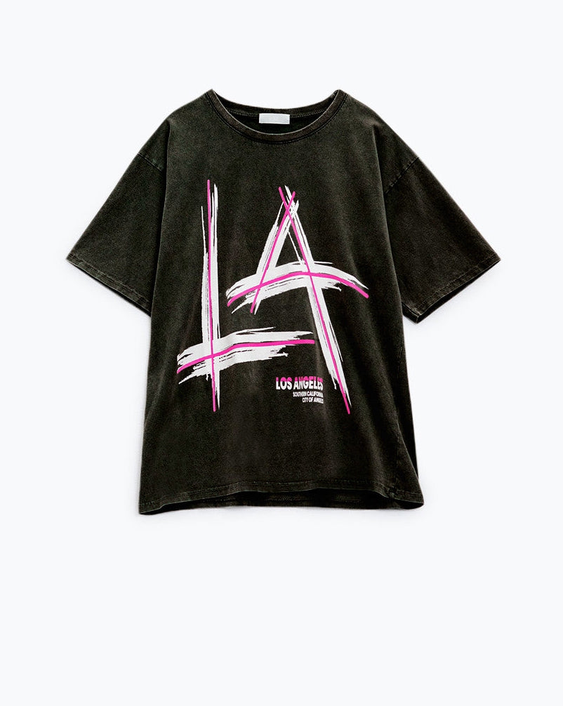 Black Relaxed T-Shirt Printed LA Los Angeles Logo