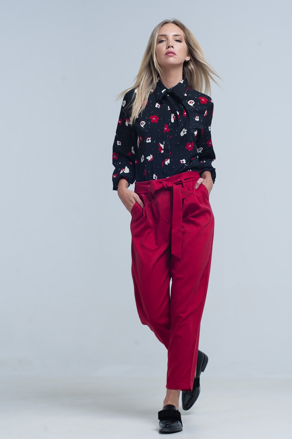 Black Shirt with Red and White Flowers