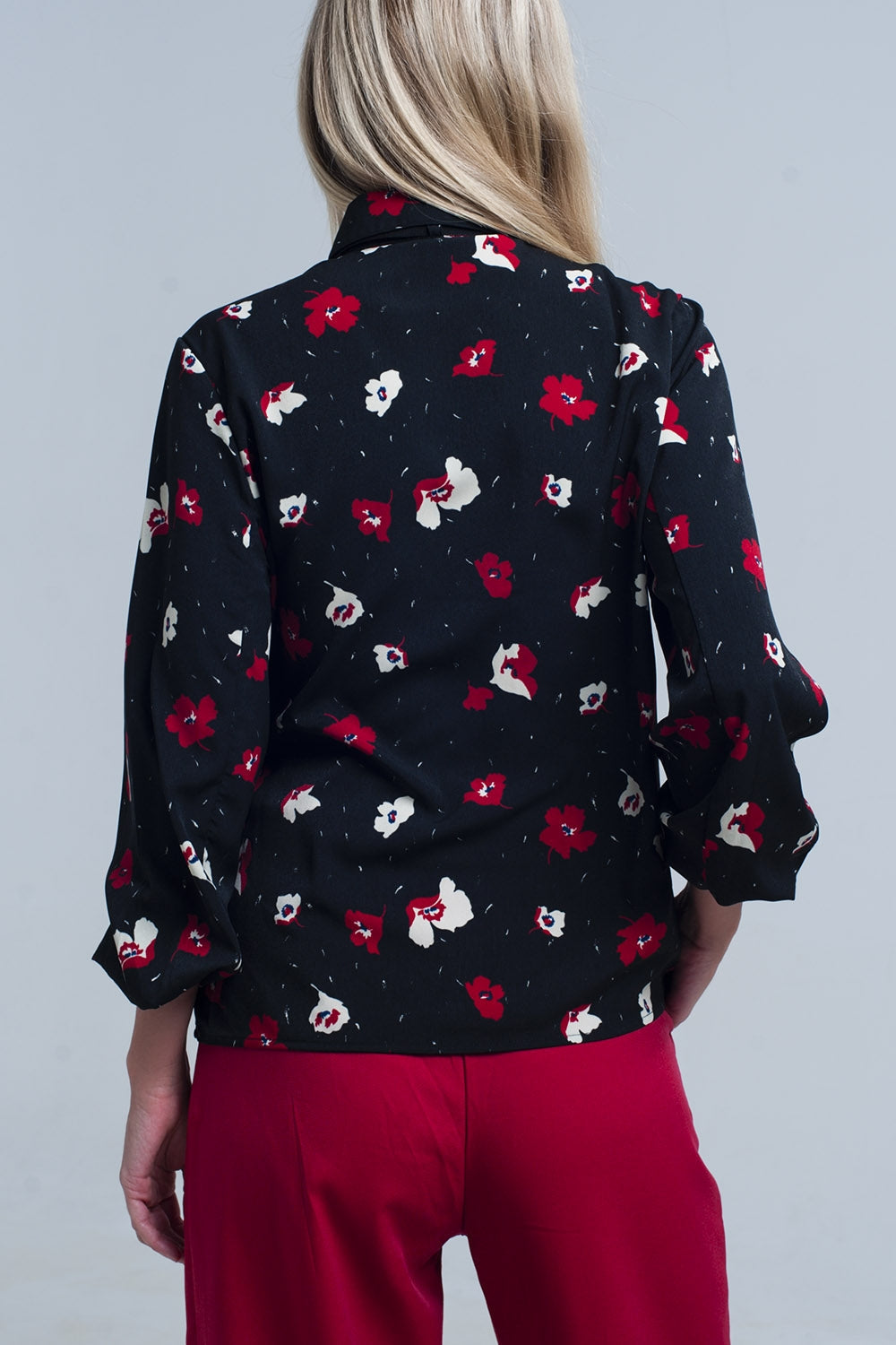 Black Shirt with Red and White Flowers