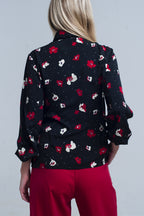 Black Shirt with Red and White Flowers