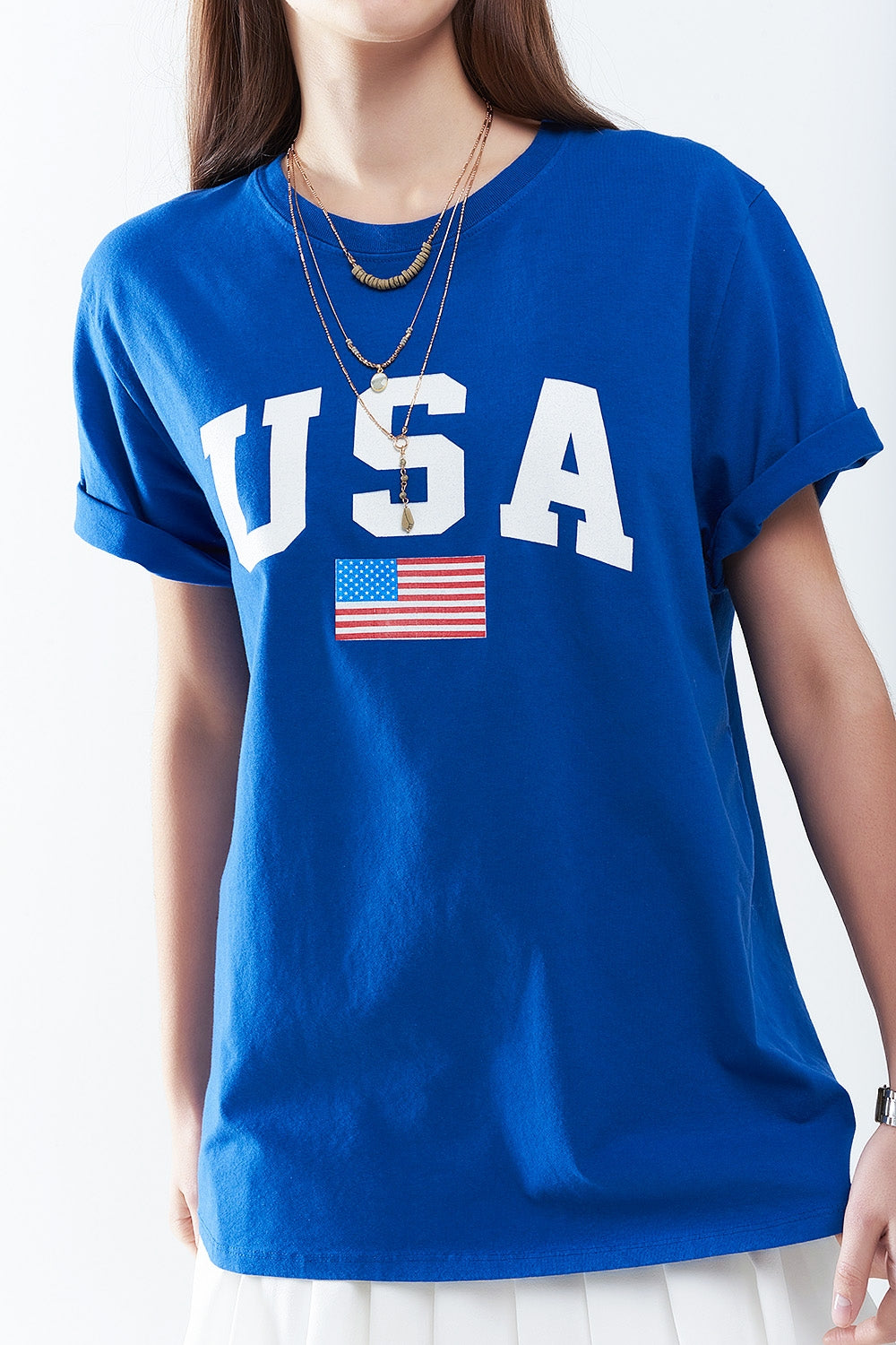 Blue Loose Long T-Shirt with USA Logo