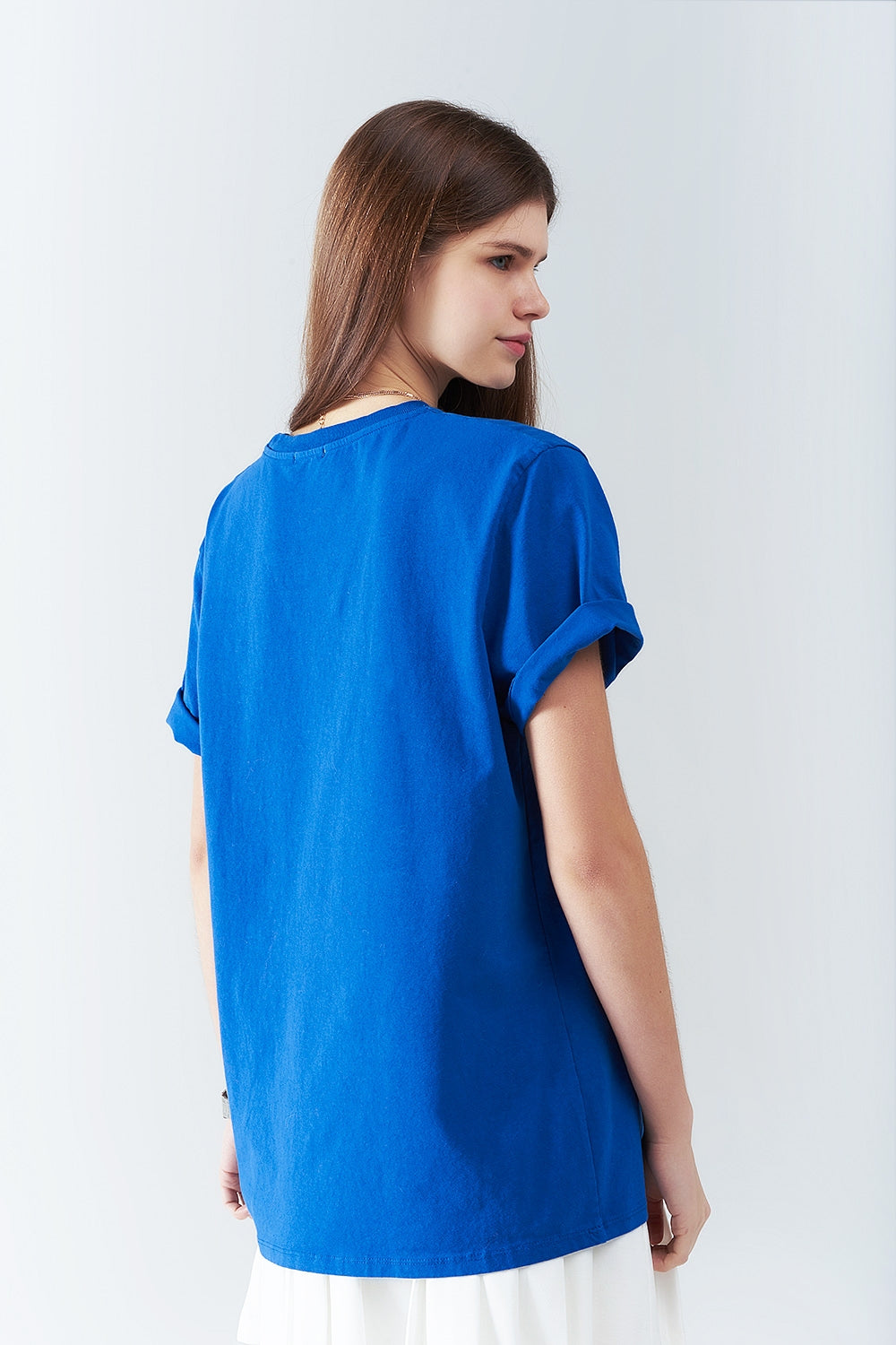 Blue Loose Long T-Shirt with USA Logo