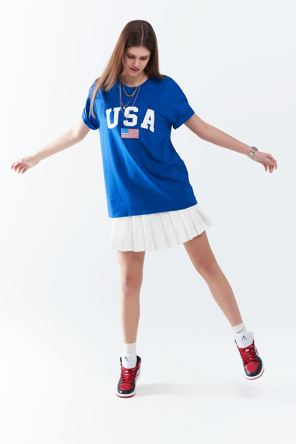 Blue Loose Long T-Shirt with USA Logo