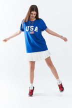Blue Loose Long T-Shirt with USA Logo