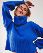 Blue Ribbed Knit Turtleneck Jumper with Balloon Sleeves