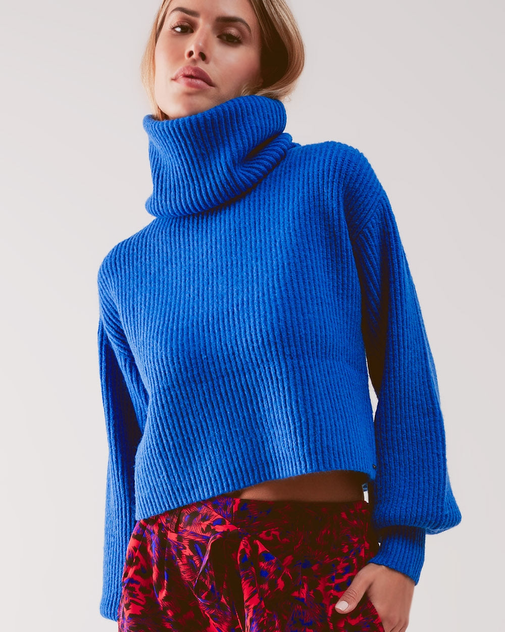 Blue Ribbed Knit Turtleneck Jumper with Balloon Sleeves