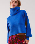 Blue Ribbed Knit Turtleneck Jumper with Balloon Sleeves