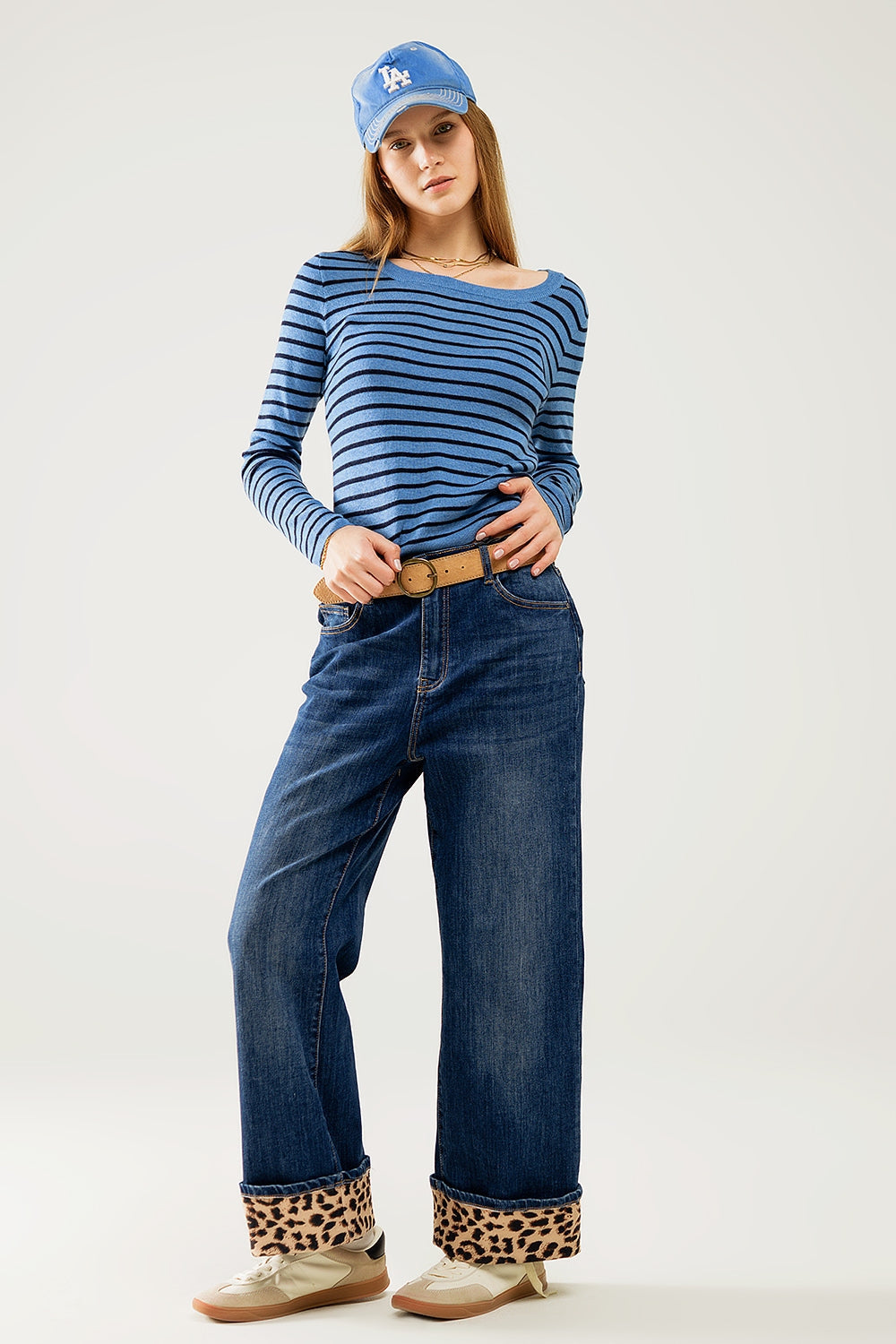 Blue Striped Fine Knit Sweater with Boat Neck