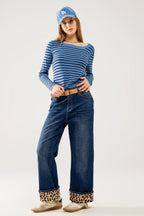 Blue Striped Fine Knit Sweater with Boat Neck